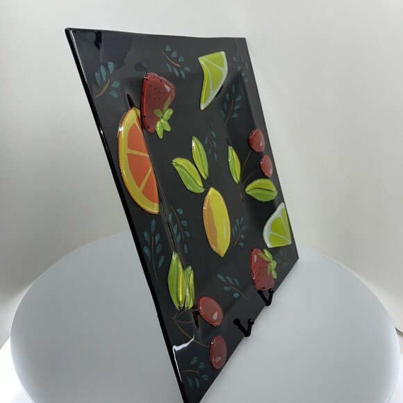 Large 14" Recessed Square Platter Vibrant Fused Glass Fruit on Black Background - Picture 9 of 9